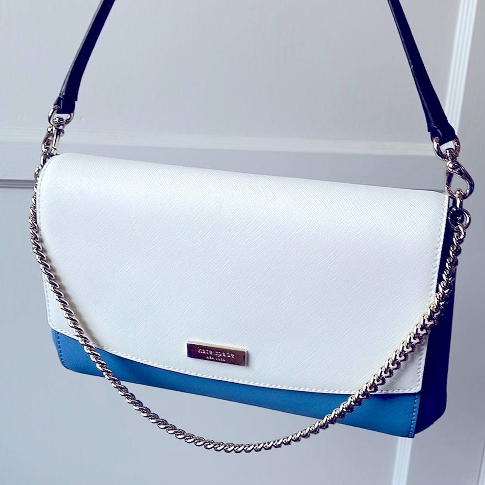 Kate Spade carson convertible crossbody/shoulder/clutch in blue/white with chain